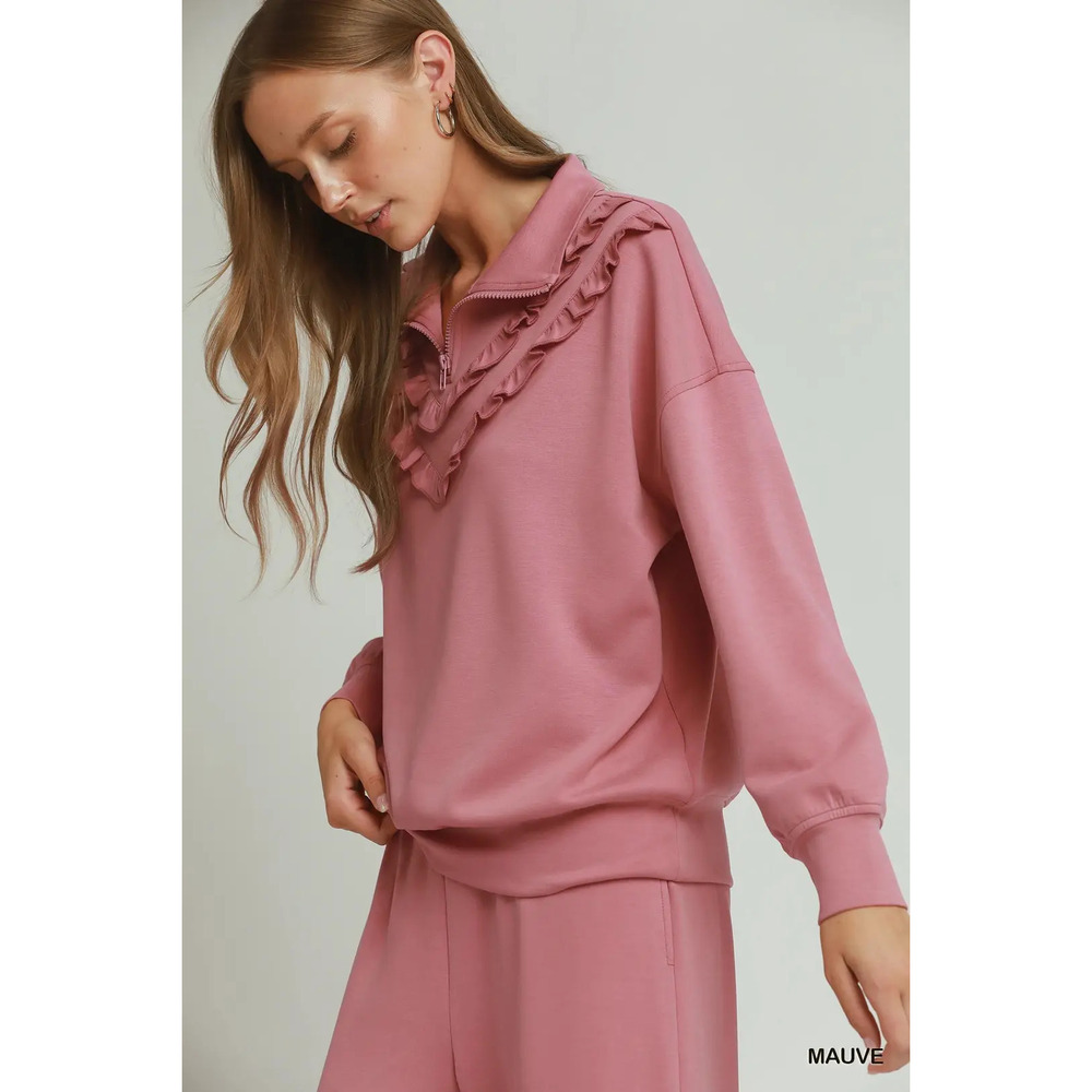 H1034-TP MAUVE Umgee MOHMe Ruffle Drawstring Bottom & Qrtr Zip Top Var Sizes - Picture 2 of 11